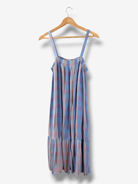 LOFT Dresses & Skirts - Loft Tiered Midi Dress Size L Blue Purple Plaid Smocked Sleeveless Casual Preppy